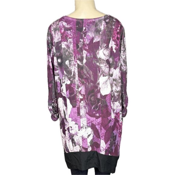 Style & Co +1X Purple Floral Scoop Neck Contrast Hemline 3/4 Ruched Sleeve Top - Picture 4 of 6